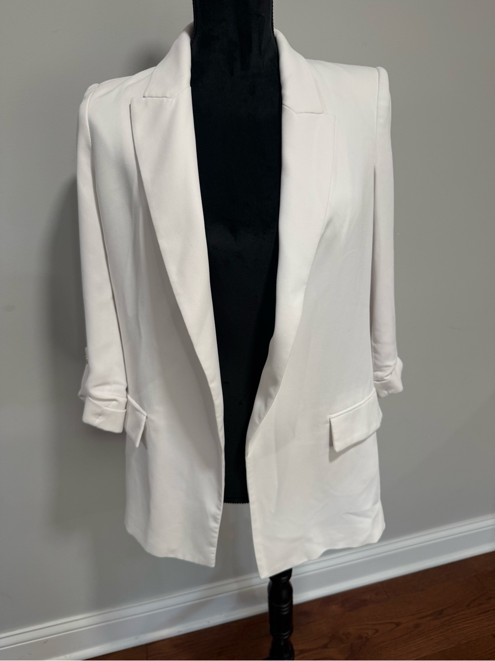 Zara Off-White Cream Ruched 3/4 Sleeve Open-Front Blazer
